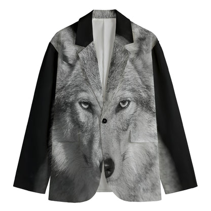 Monochrome Wolf Print Men's Cotton Blazer
