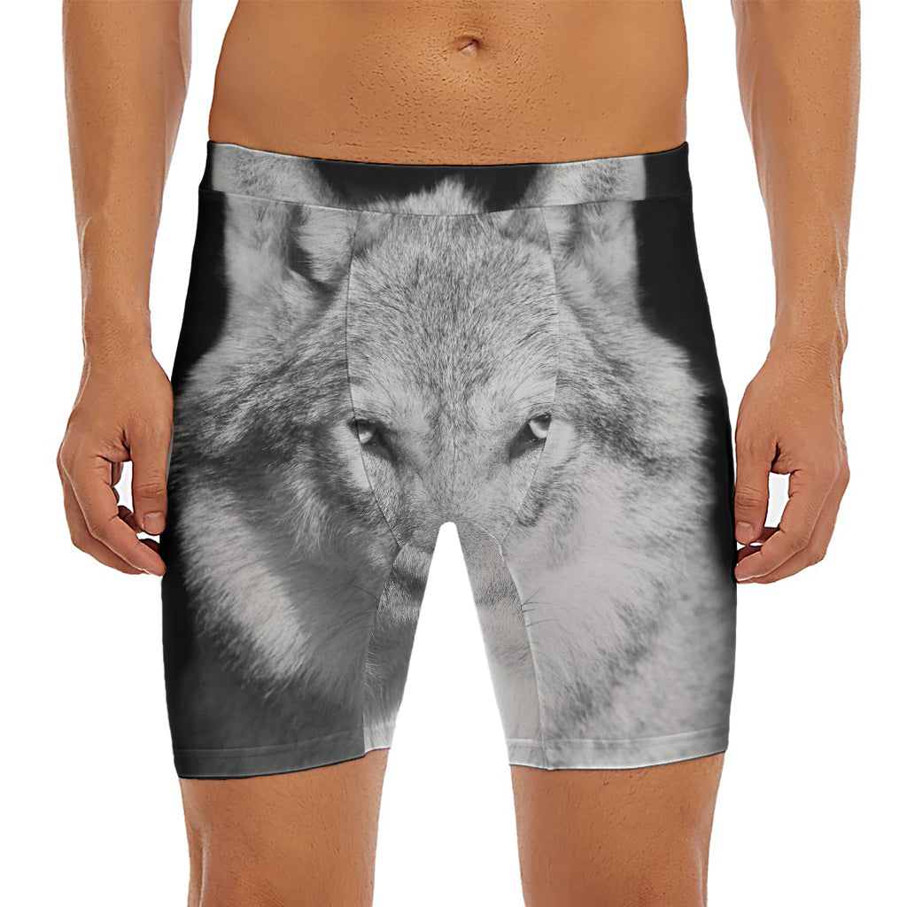 Monochrome Wolf Print Men's Long Boxer Briefs