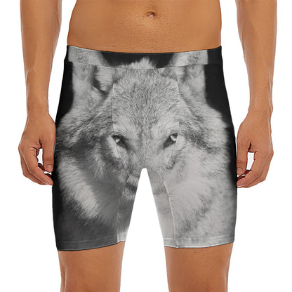 Monochrome Wolf Print Men's Long Boxer Briefs