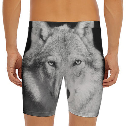 Monochrome Wolf Print Men's Long Boxer Briefs