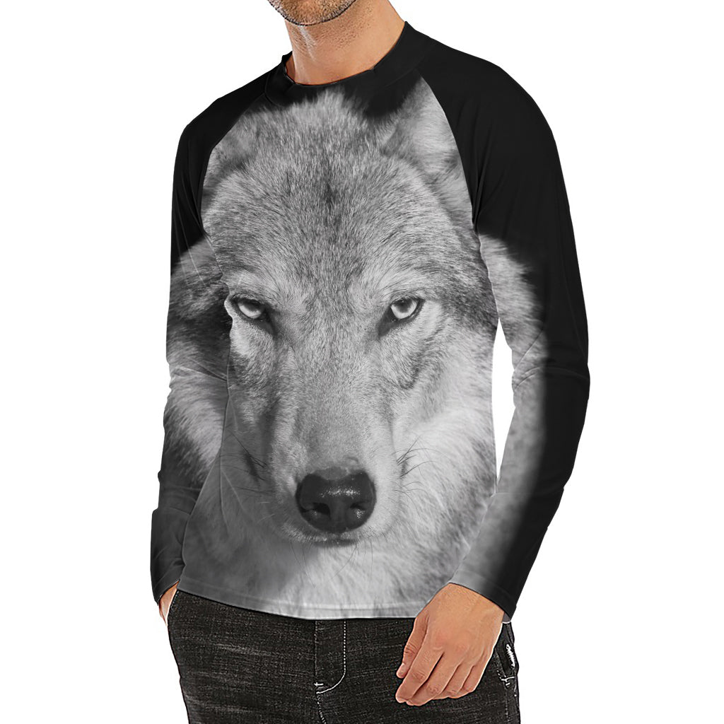 Monochrome Wolf Print Men's Long Sleeve Rash Guard