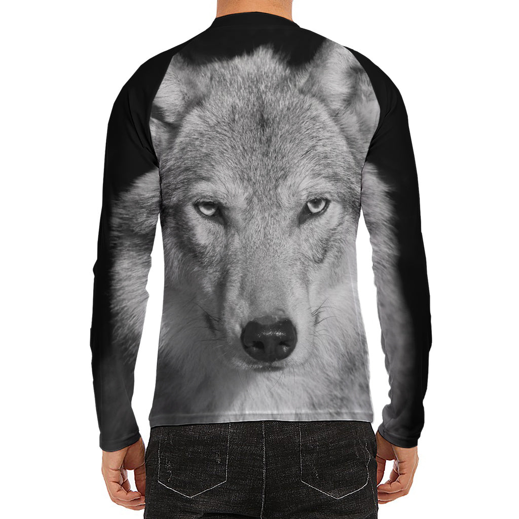 Monochrome Wolf Print Men's Long Sleeve Rash Guard