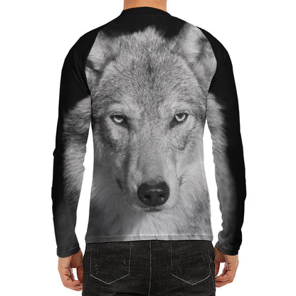 Monochrome Wolf Print Men's Long Sleeve Rash Guard