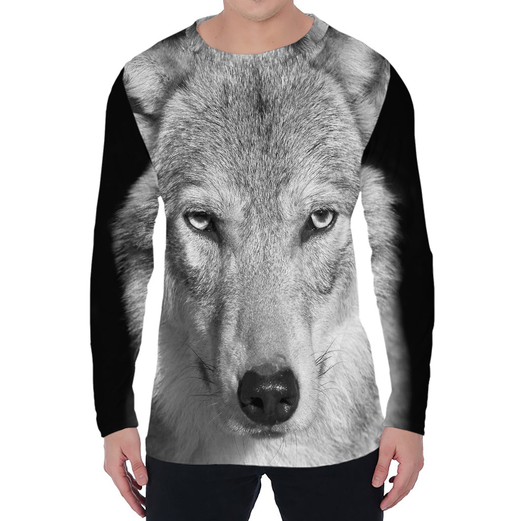 Monochrome Wolf Print Men's Long Sleeve T-Shirt
