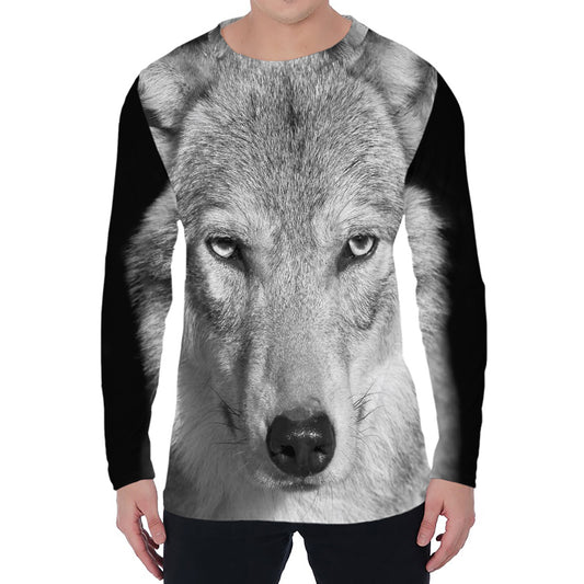 Monochrome Wolf Print Men's Long Sleeve T-Shirt