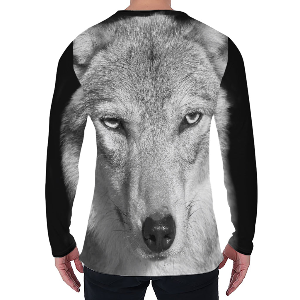 Monochrome Wolf Print Men's Long Sleeve T-Shirt