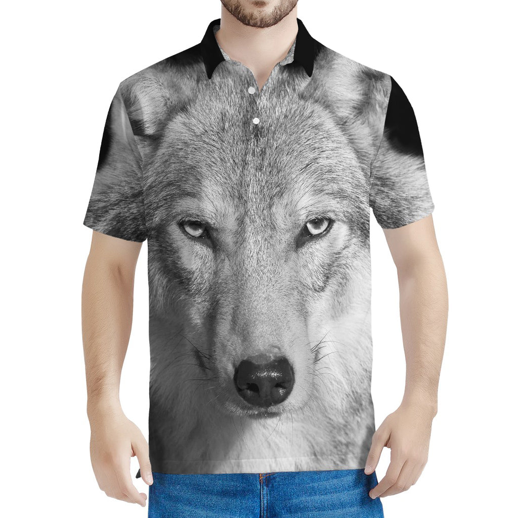 Monochrome Wolf Print Men's Polo Shirt