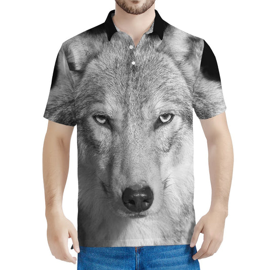 Monochrome Wolf Print Men's Polo Shirt