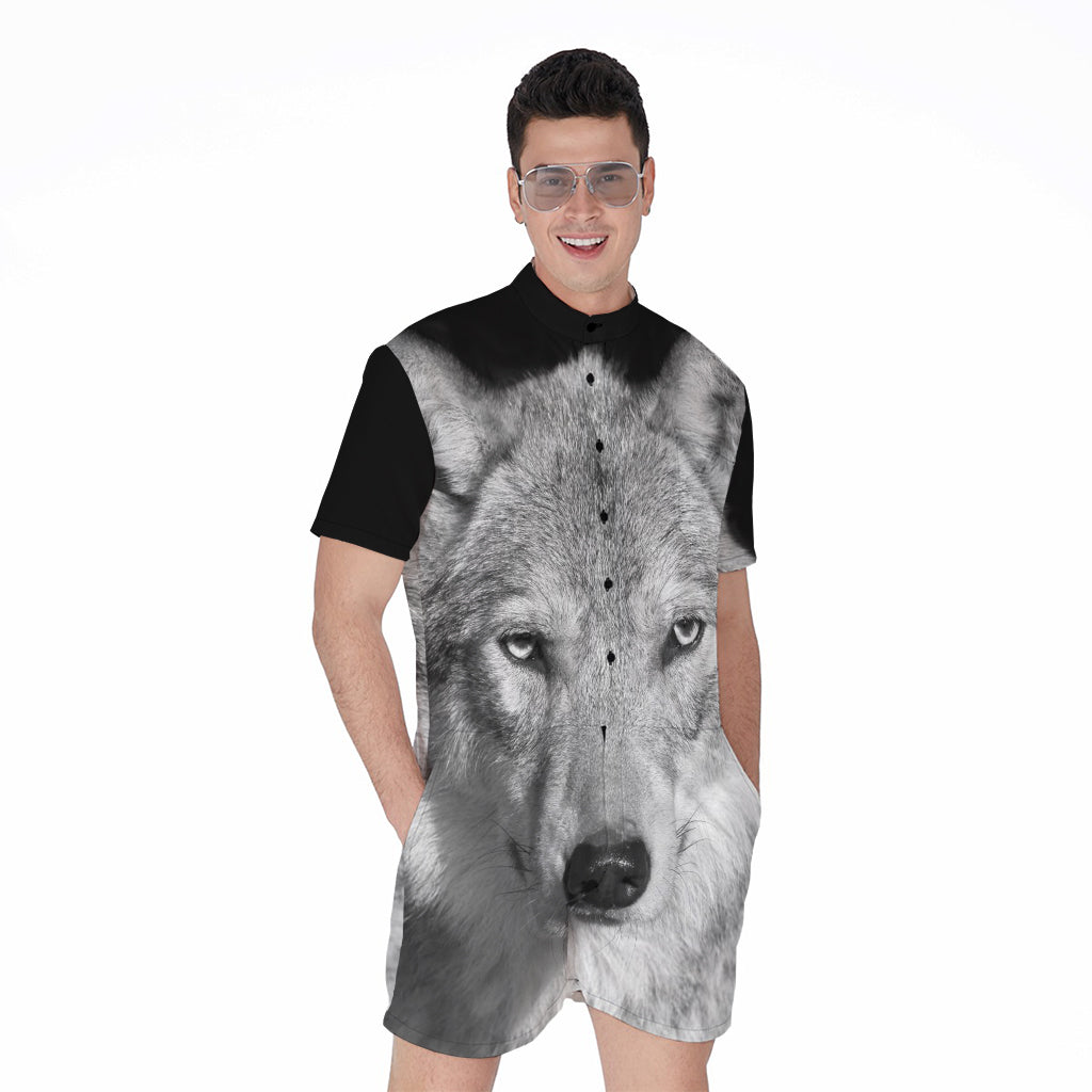 Monochrome Wolf Print Men's Rompers