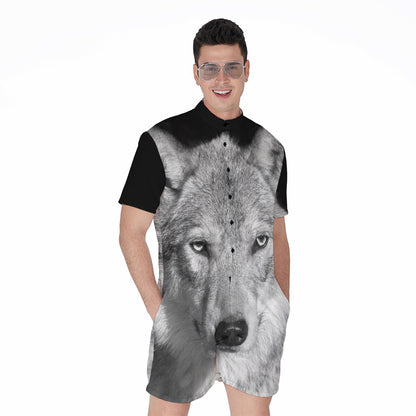 Monochrome Wolf Print Men's Rompers