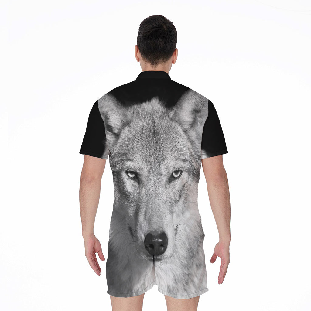 Monochrome Wolf Print Men's Rompers