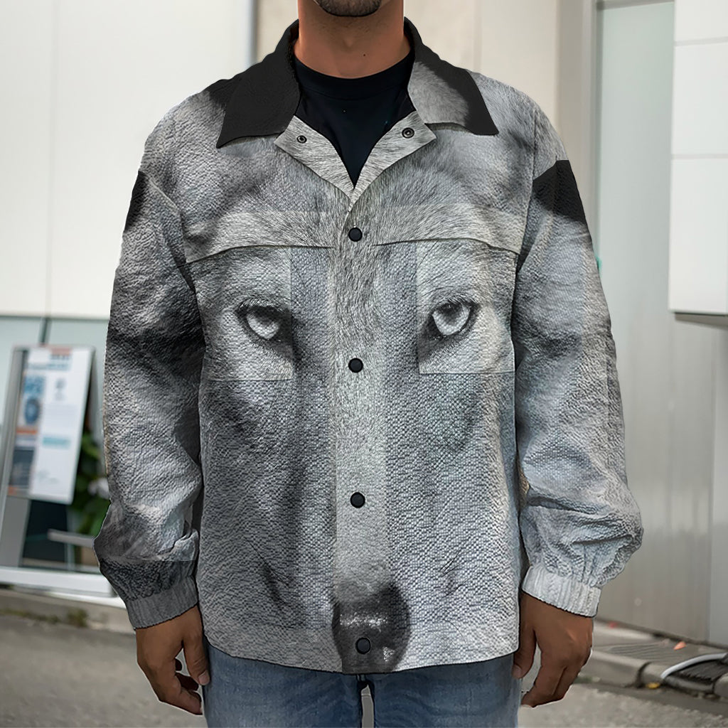 Monochrome Wolf Print Men's Shirt Jacket