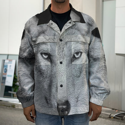 Monochrome Wolf Print Men's Shirt Jacket
