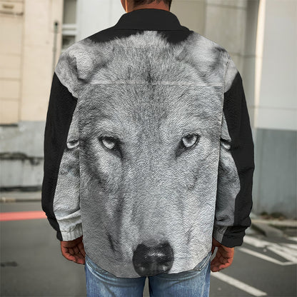 Monochrome Wolf Print Men's Shirt Jacket
