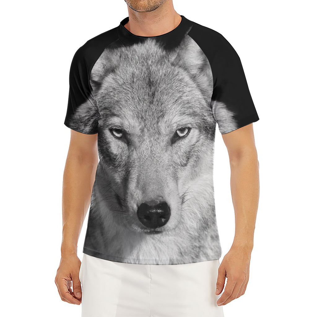 Monochrome Wolf Print Men's Short Sleeve Rash Guard