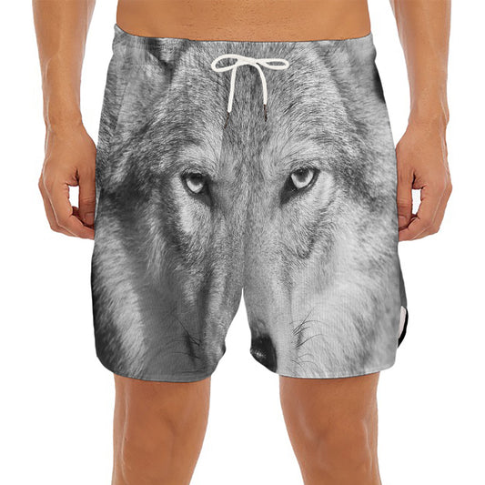 Monochrome Wolf Print Men's Split Running Shorts