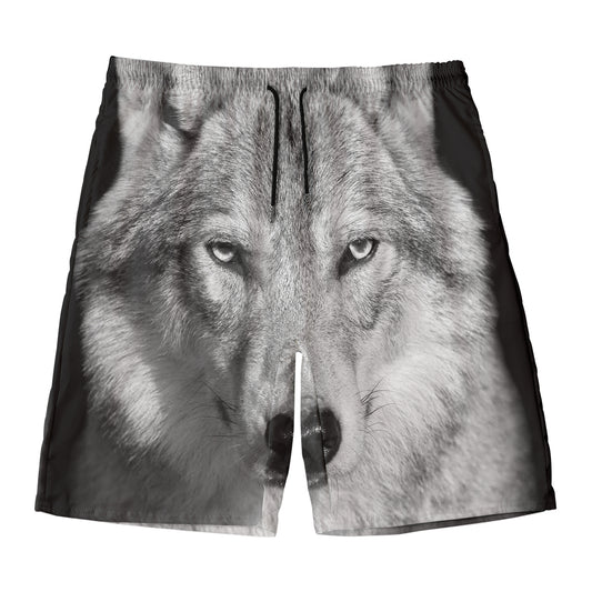 Monochrome Wolf Print Men's Swim Trunks