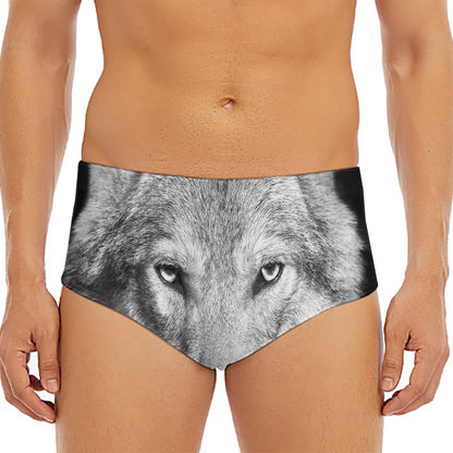 Monochrome Wolf Print Men's Triangle Swim Briefs