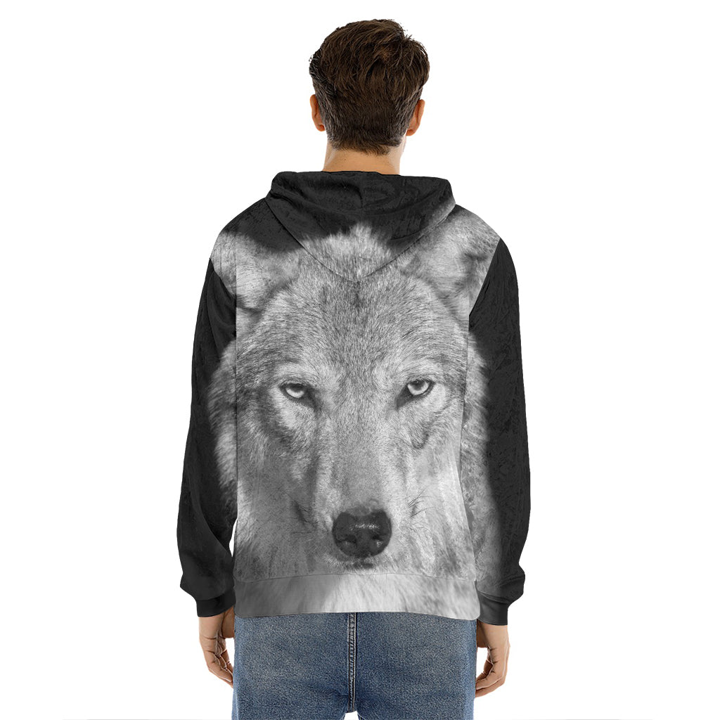 Monochrome Wolf Print Men's Velvet Pullover Hoodie