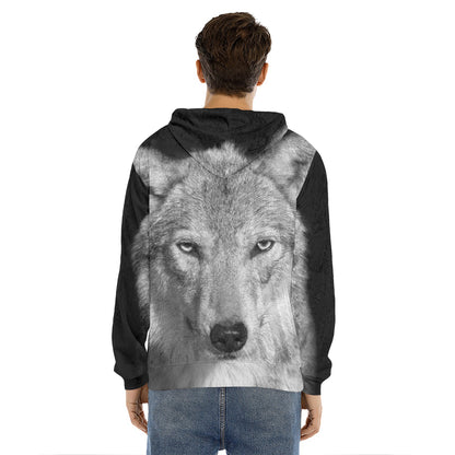 Monochrome Wolf Print Men's Velvet Pullover Hoodie