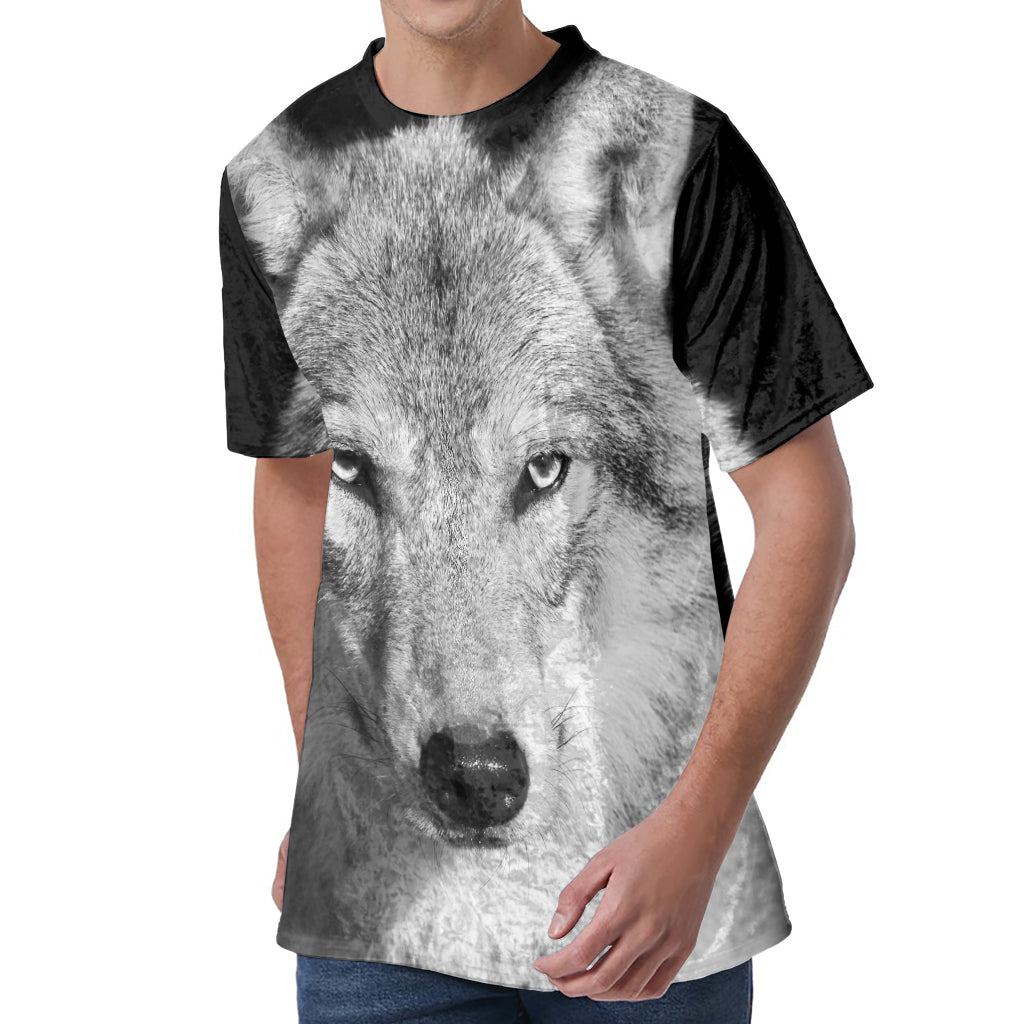 Monochrome Wolf Print Men's Velvet T-Shirt