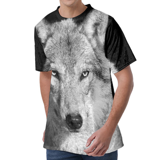 Monochrome Wolf Print Men's Velvet T-Shirt