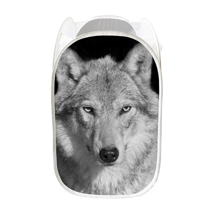 Monochrome Wolf Print Mesh Laundry Hamper