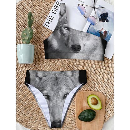 Monochrome Wolf Print One Shoulder Bikini Top