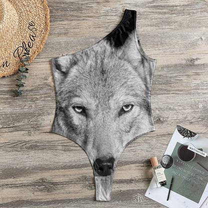 Monochrome Wolf Print One Shoulder Bodysuit