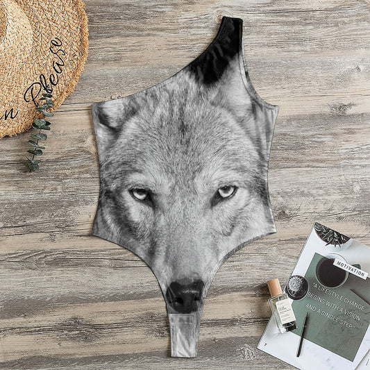 Monochrome Wolf Print One Shoulder Bodysuit