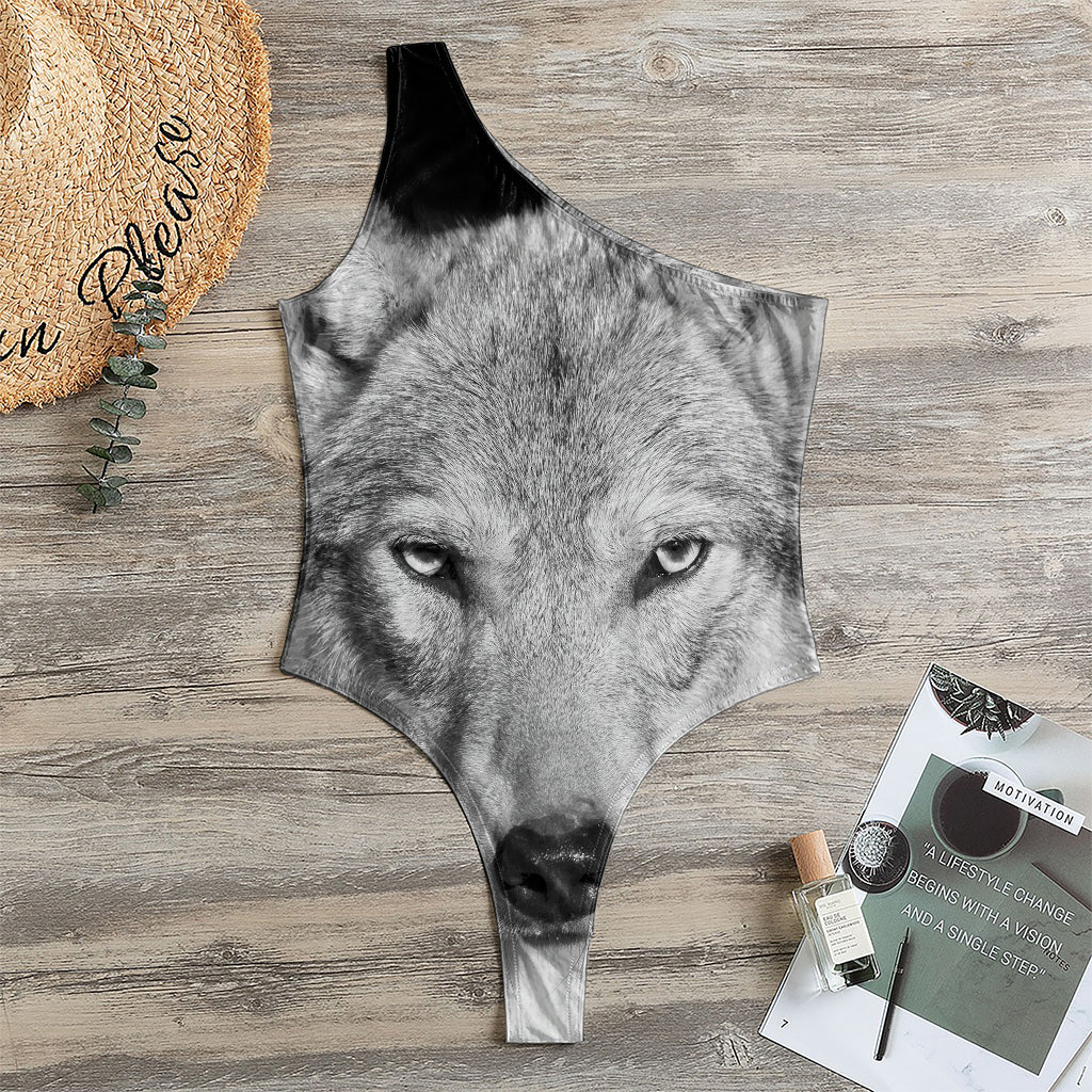 Monochrome Wolf Print One Shoulder Bodysuit