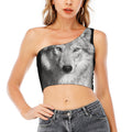 Monochrome Wolf Print One Shoulder Crop Top