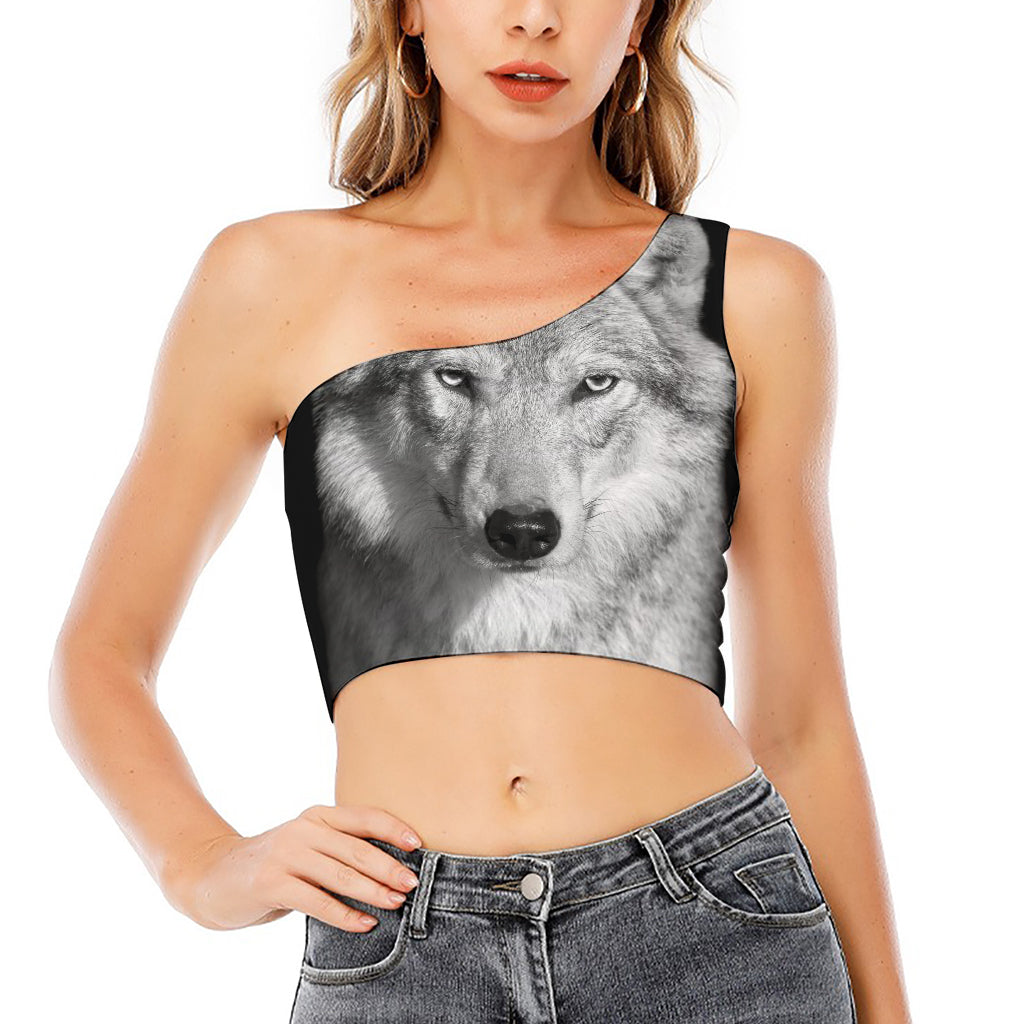 Monochrome Wolf Print One Shoulder Crop Top