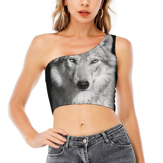 Monochrome Wolf Print One Shoulder Crop Top
