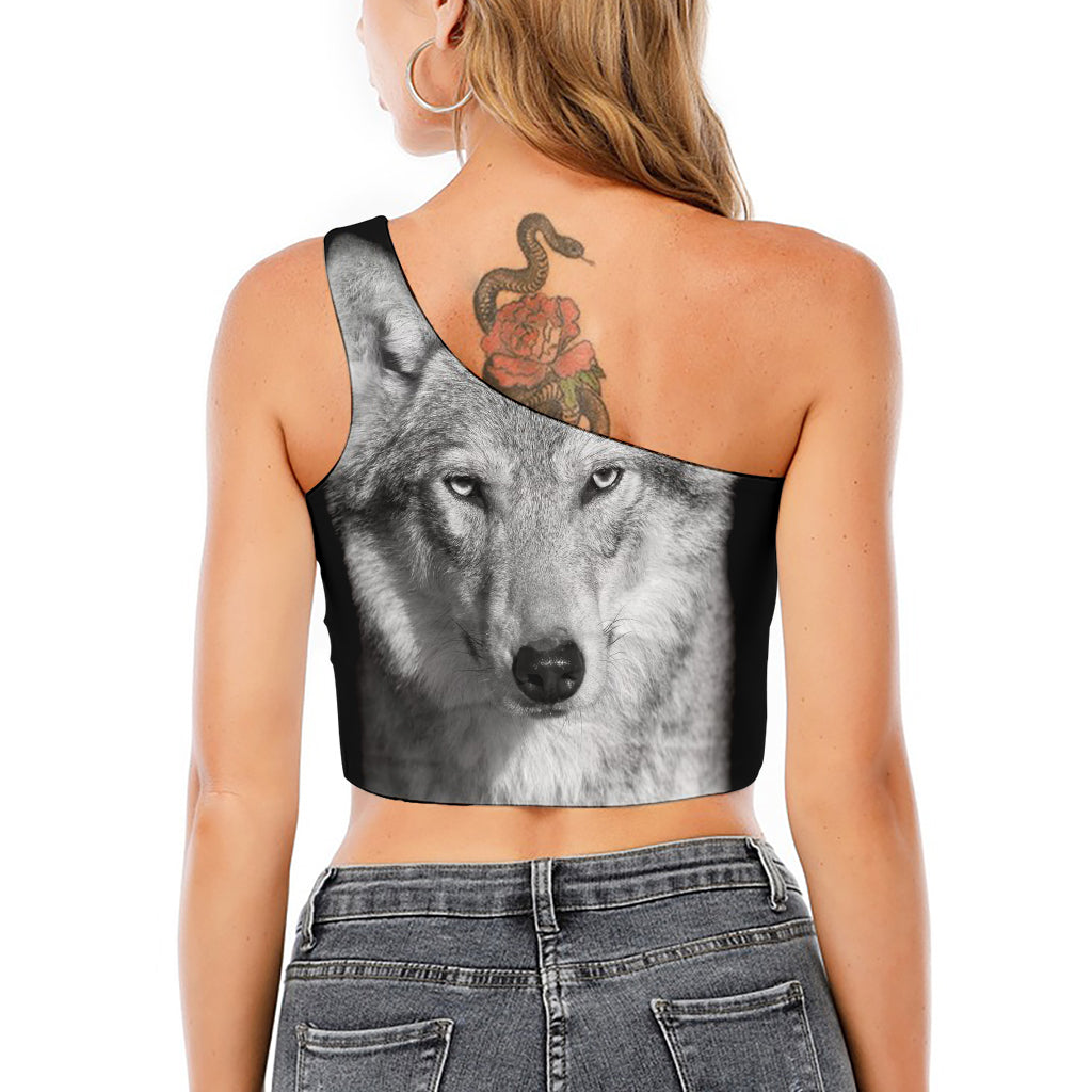 Monochrome Wolf Print One Shoulder Crop Top