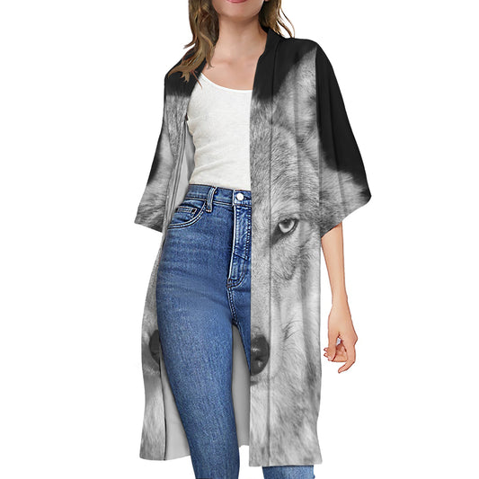 Monochrome Wolf Print Open Front Beach Cover Up