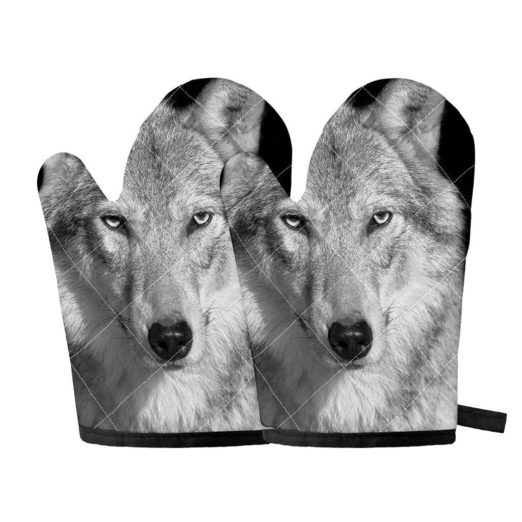 Monochrome Wolf Print Oven Mitts