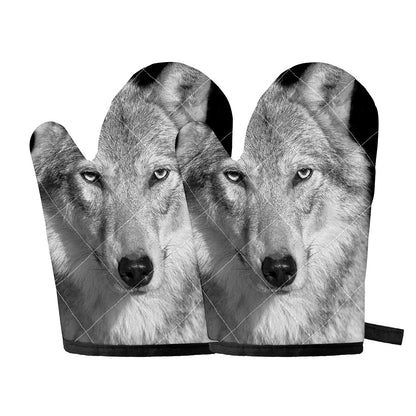 Monochrome Wolf Print Oven Mitts