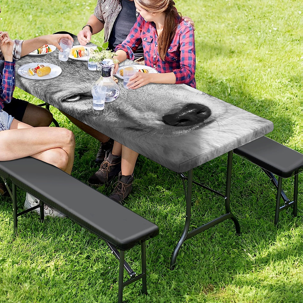 Monochrome Wolf Print Picnic Table Cover
