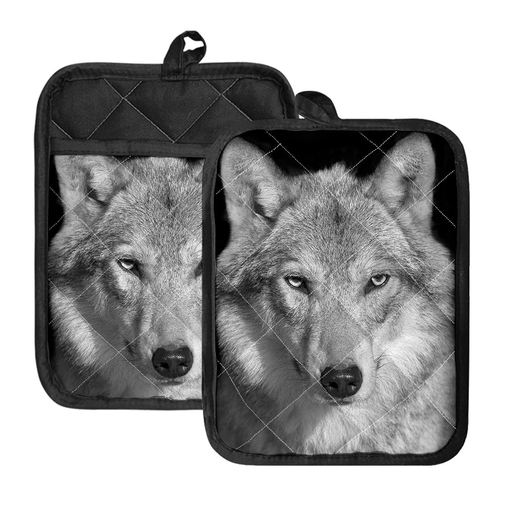 Monochrome Wolf Print Pot Holders With Pocket