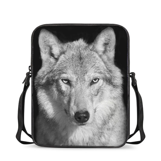 Monochrome Wolf Print Rectangular Crossbody Bag