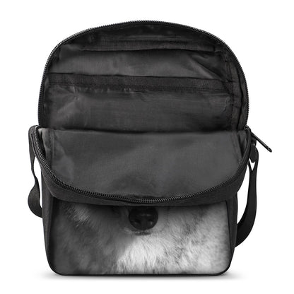 Monochrome Wolf Print Rectangular Crossbody Bag
