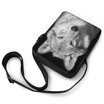 Monochrome Wolf Print Rectangular Crossbody Bag