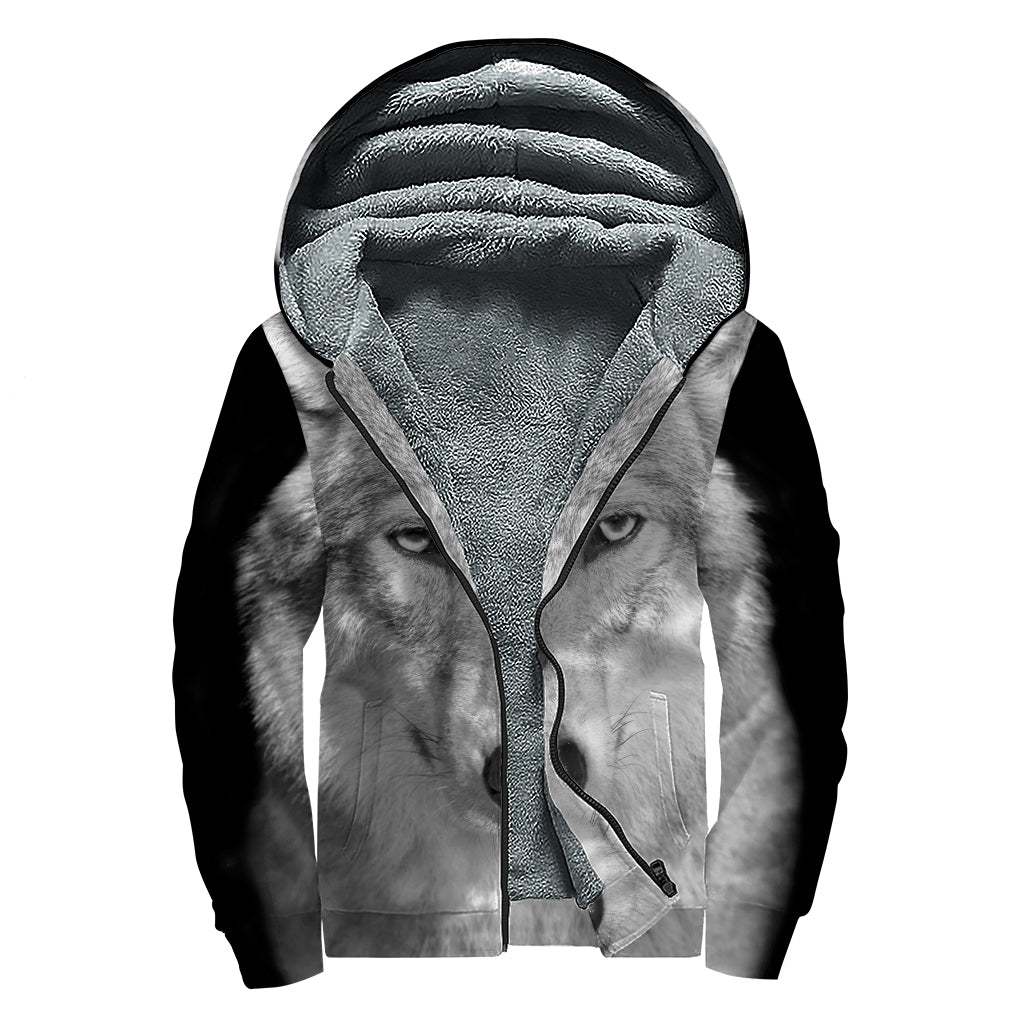 Monochrome Wolf Print Sherpa Lined Zip Up Hoodie