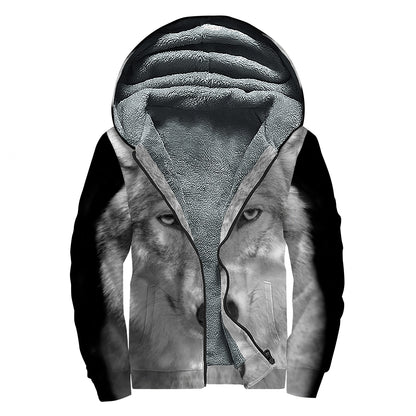 Monochrome Wolf Print Sherpa Lined Zip Up Hoodie