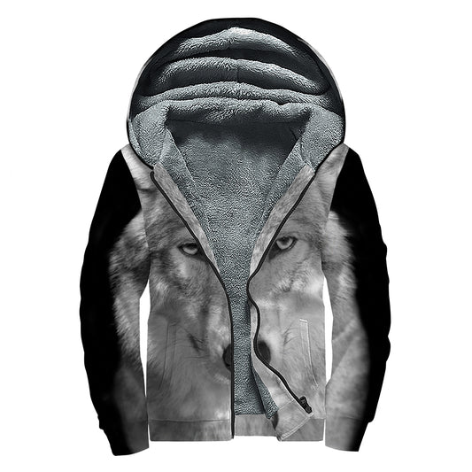 Monochrome Wolf Print Sherpa Lined Zip Up Hoodie