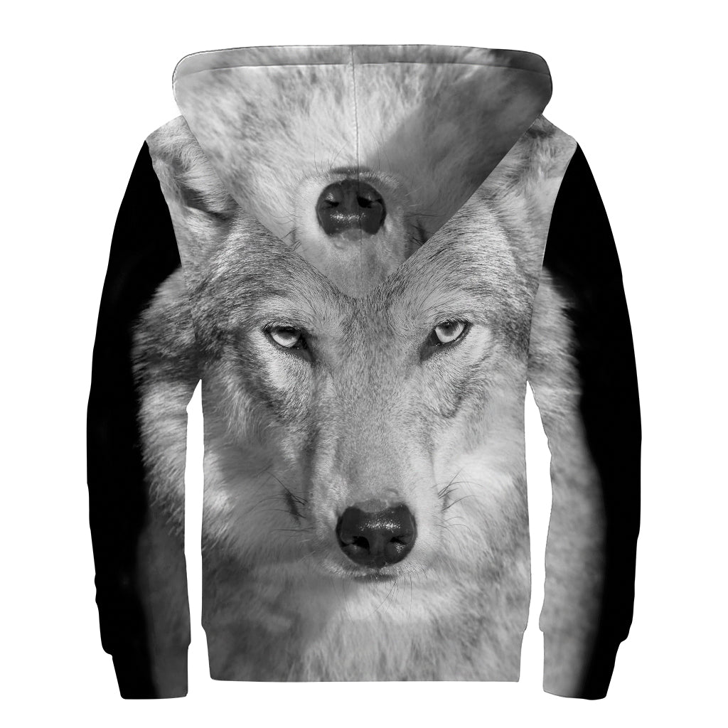 Monochrome Wolf Print Sherpa Lined Zip Up Hoodie