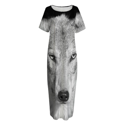 Monochrome Wolf Print Short Sleeve Long Nightdress