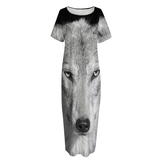 Monochrome Wolf Print Short Sleeve Long Nightdress