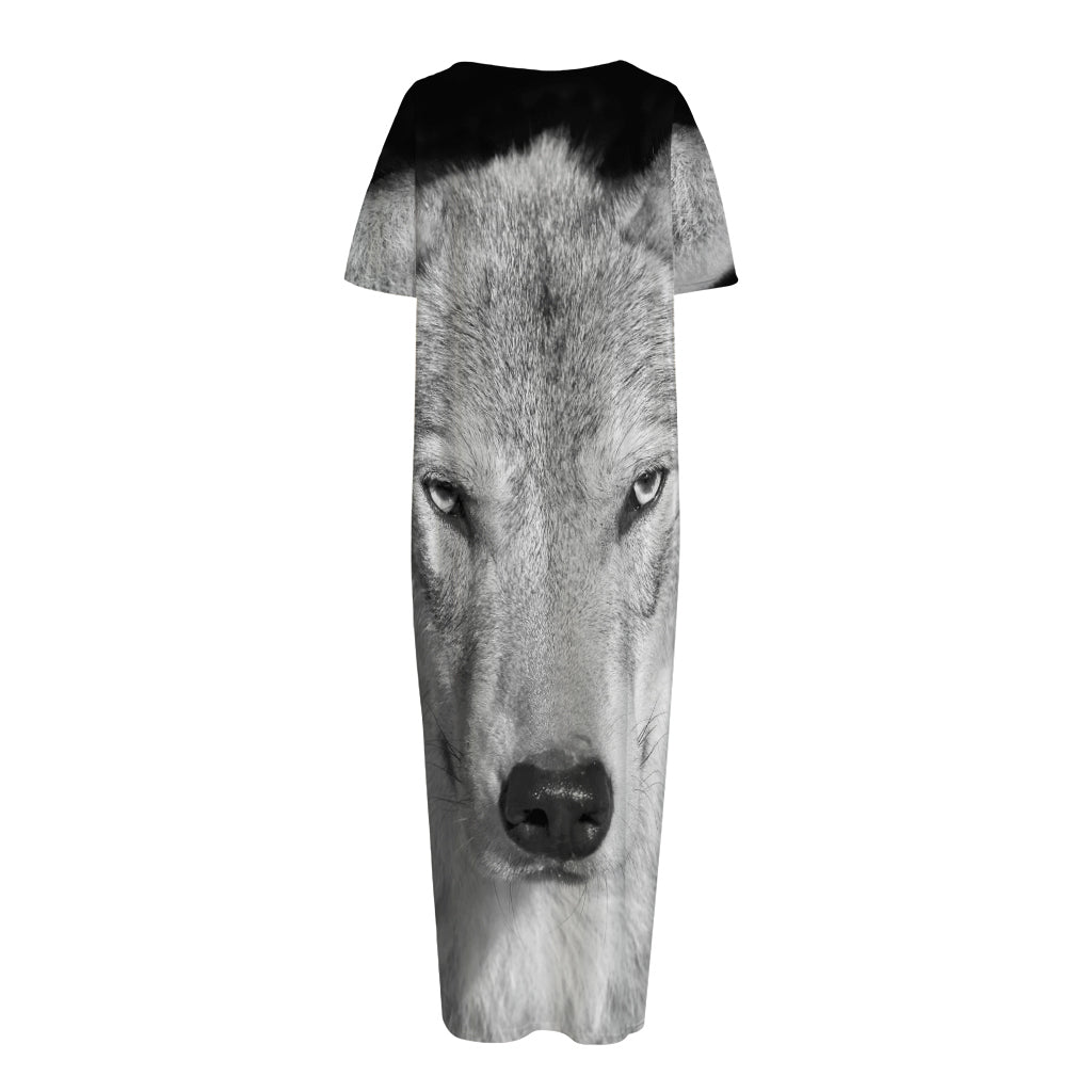 Monochrome Wolf Print Short Sleeve Long Nightdress